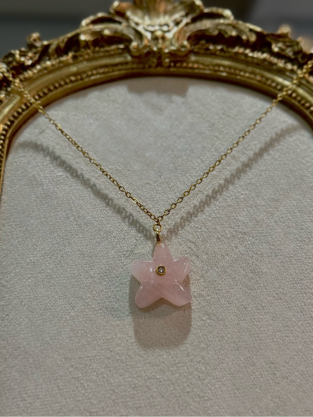 Gold Chain Necklace with Rose Quartz Starfish Pendant
